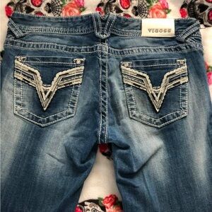 Vigoss Women's Distressed Blue Jeans with Embellished Pockets